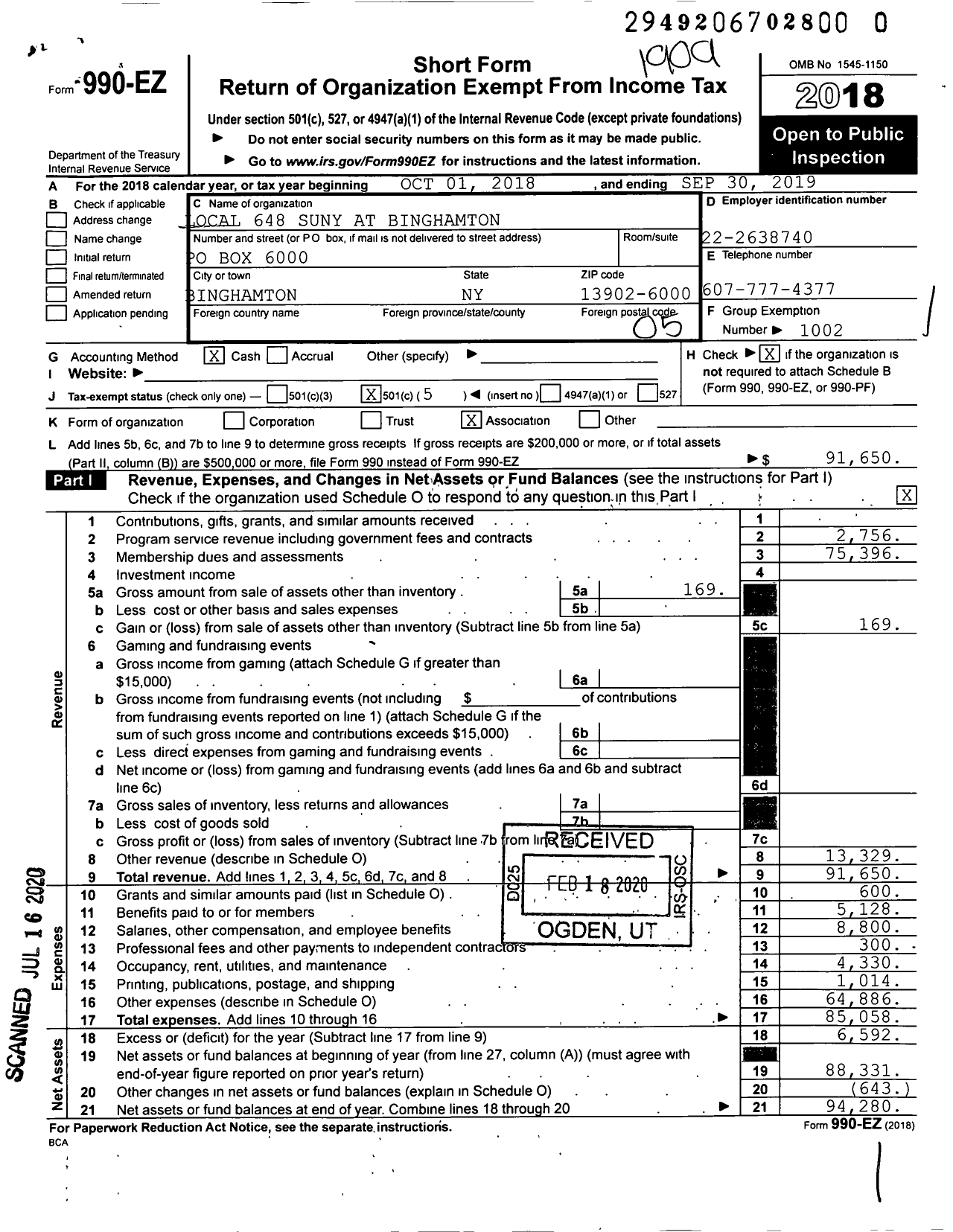 Image of first page of 2018 Form 990EO for Civil Service Employees Association - 0648 Suny at Binghamton