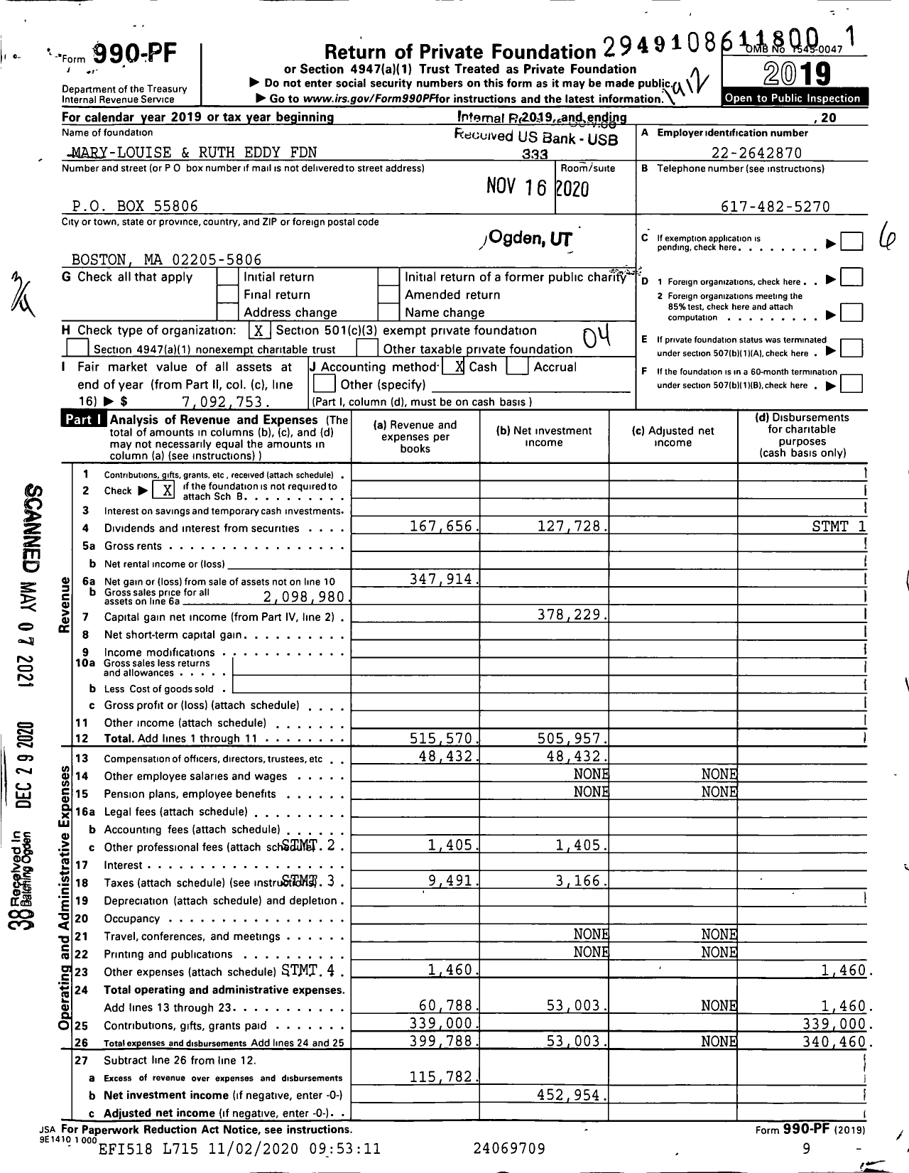 Image of first page of 2019 Form 990PF for Mary-Louise and Ruth Eddy Foundation