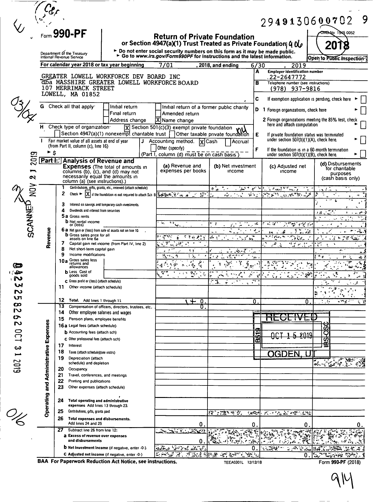 Image of first page of 2018 Form 990PF for Masshire Greater Lowell Workforce