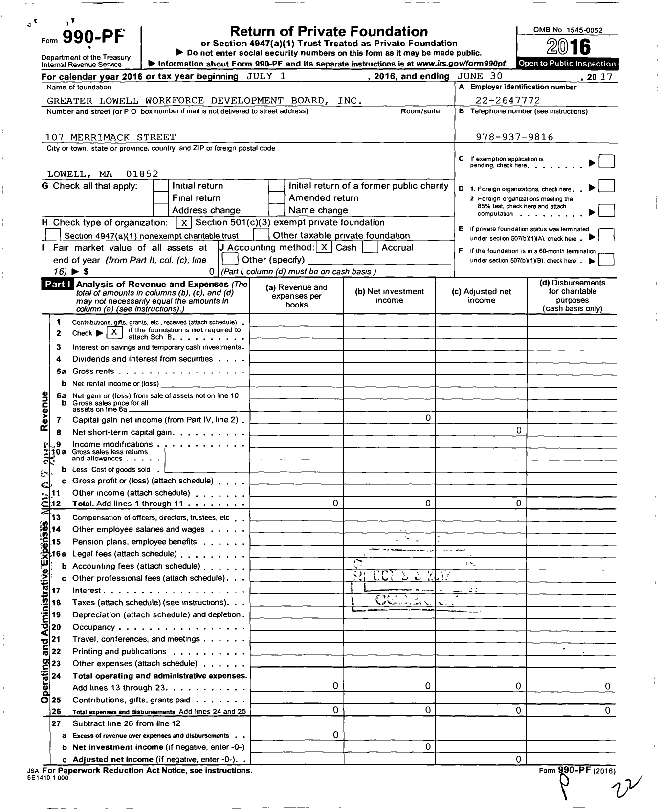 Image of first page of 2016 Form 990PF for Masshire Greater Lowell Workforce