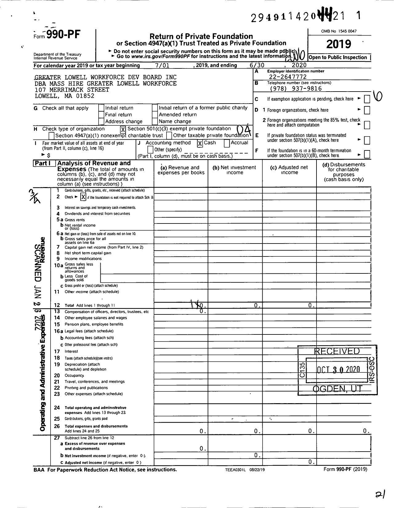 Image of first page of 2019 Form 990PF for Masshire Greater Lowell Workforce