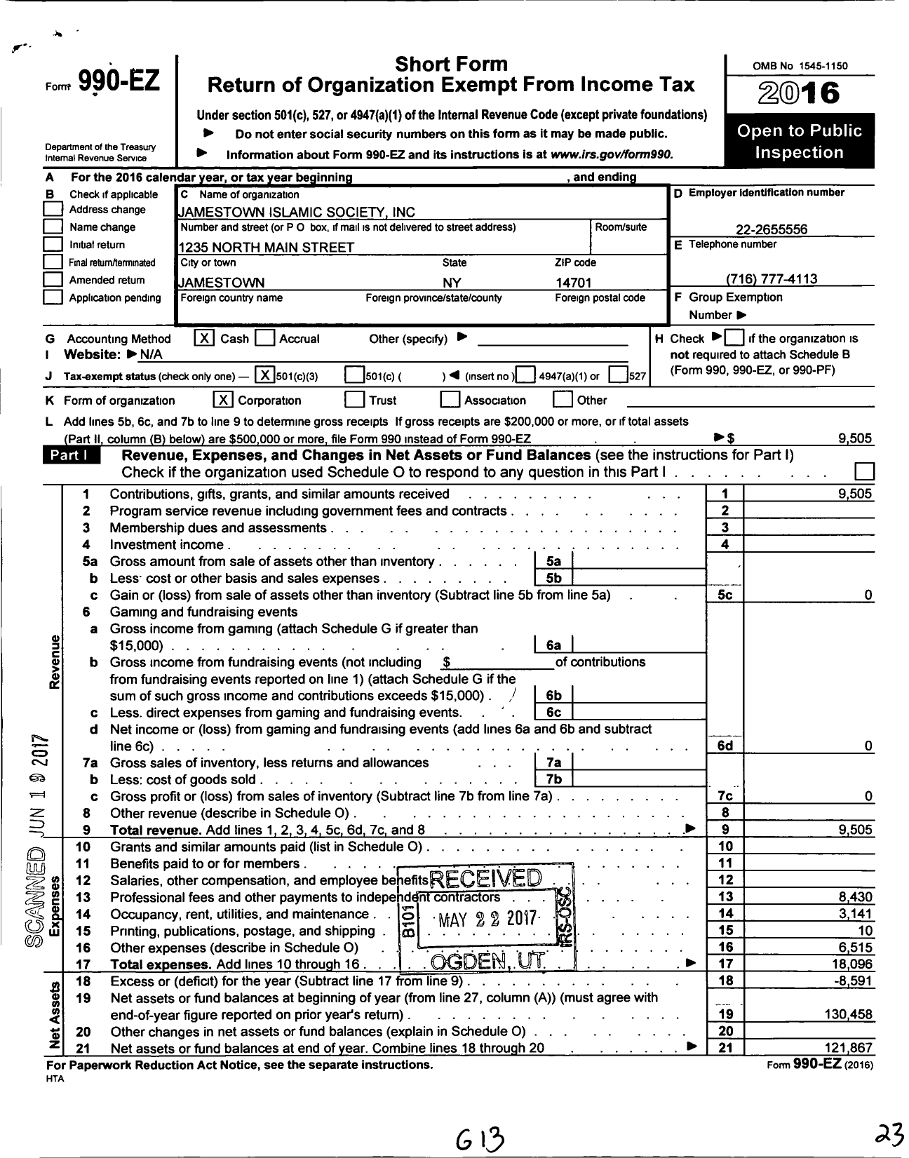 Image of first page of 2016 Form 990EZ for Jamestown Islamic Society