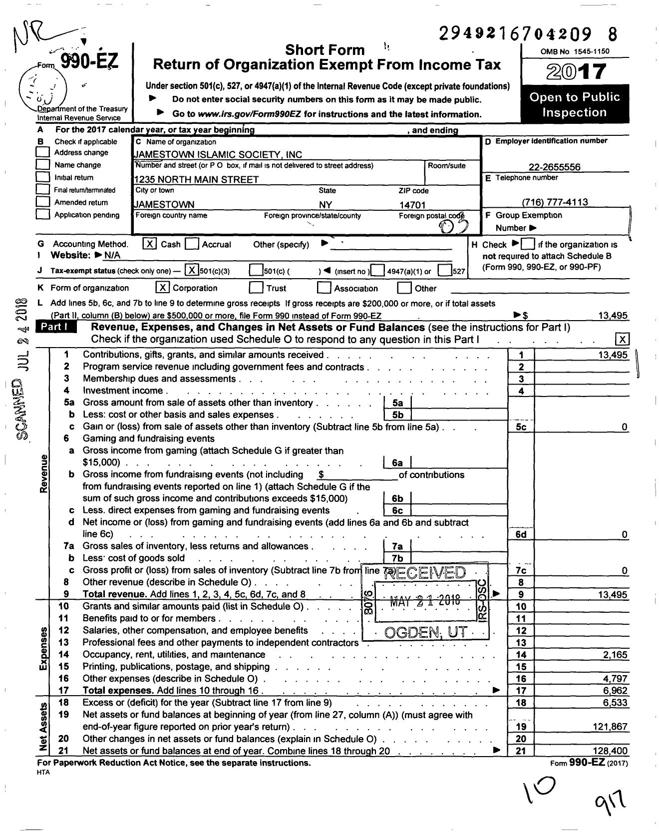 Image of first page of 2017 Form 990EZ for Jamestown Islamic Society