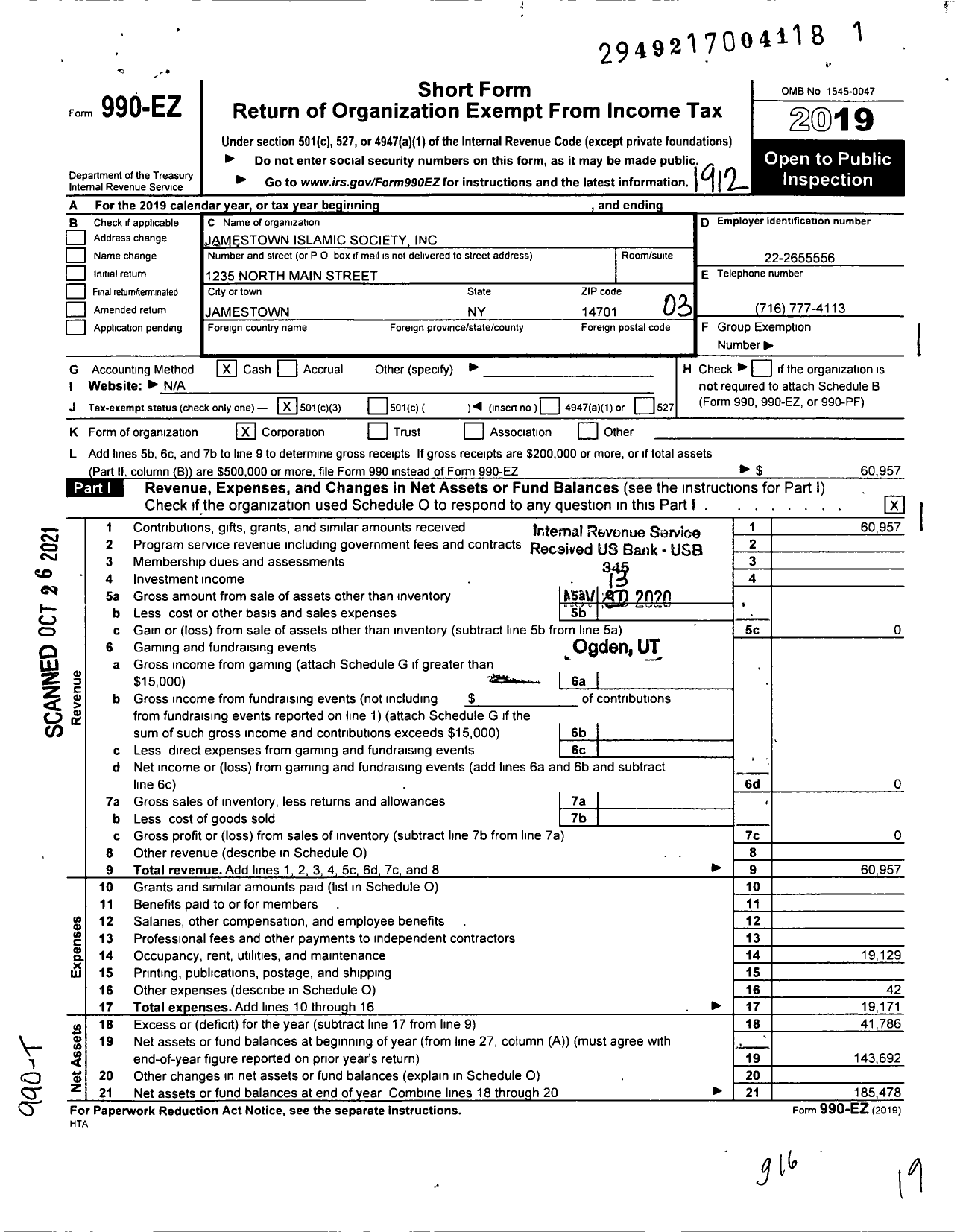 Image of first page of 2019 Form 990EZ for Jamestown Islamic Society