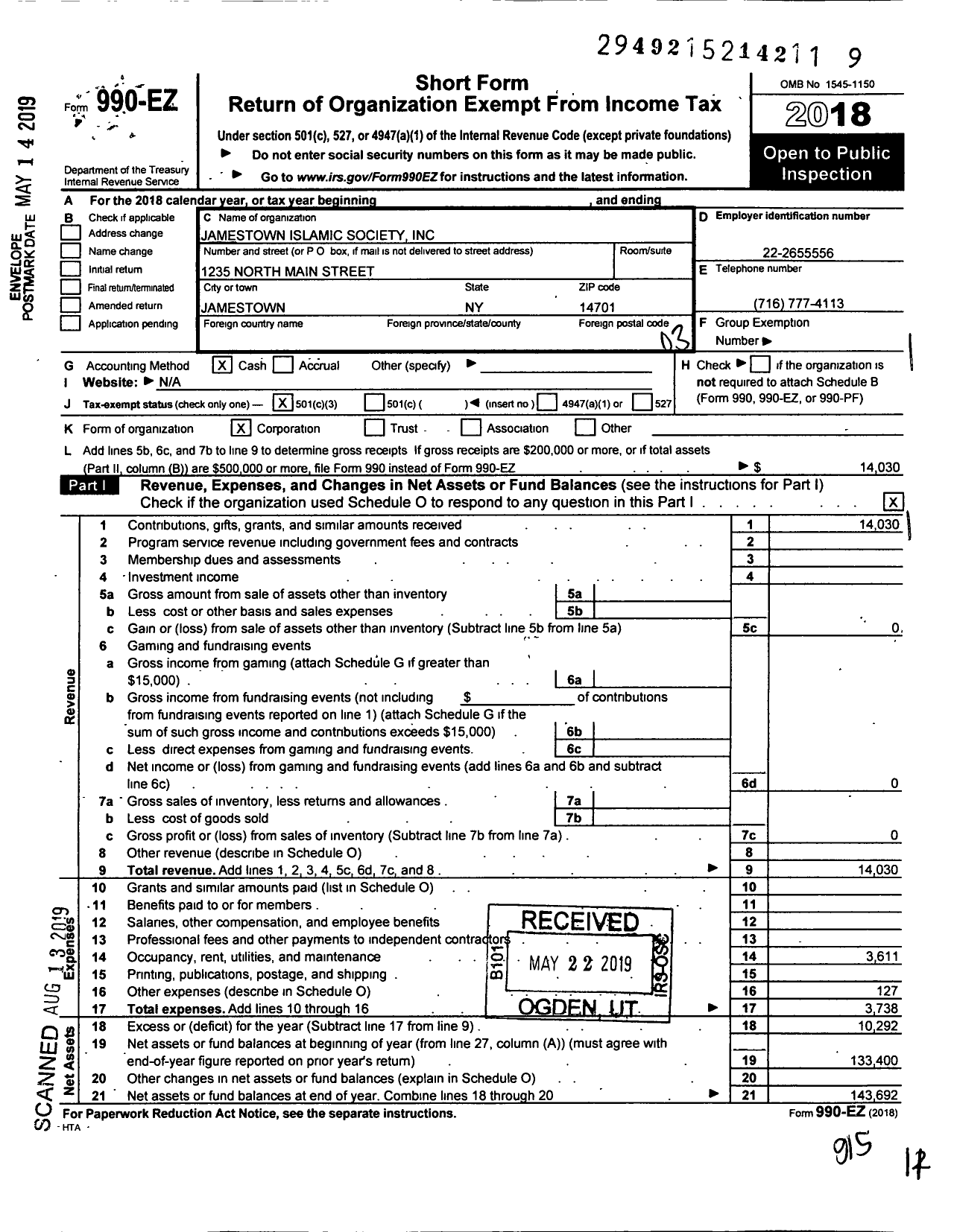 Image of first page of 2018 Form 990EZ for Jamestown Islamic Society