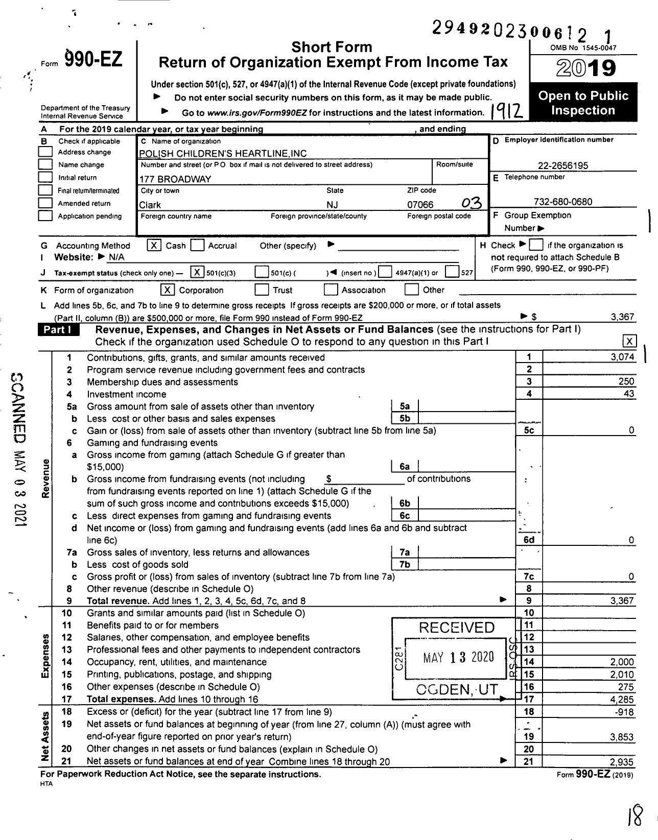 Image of first page of 2019 Form 990EZ for Polish Children's Heartline