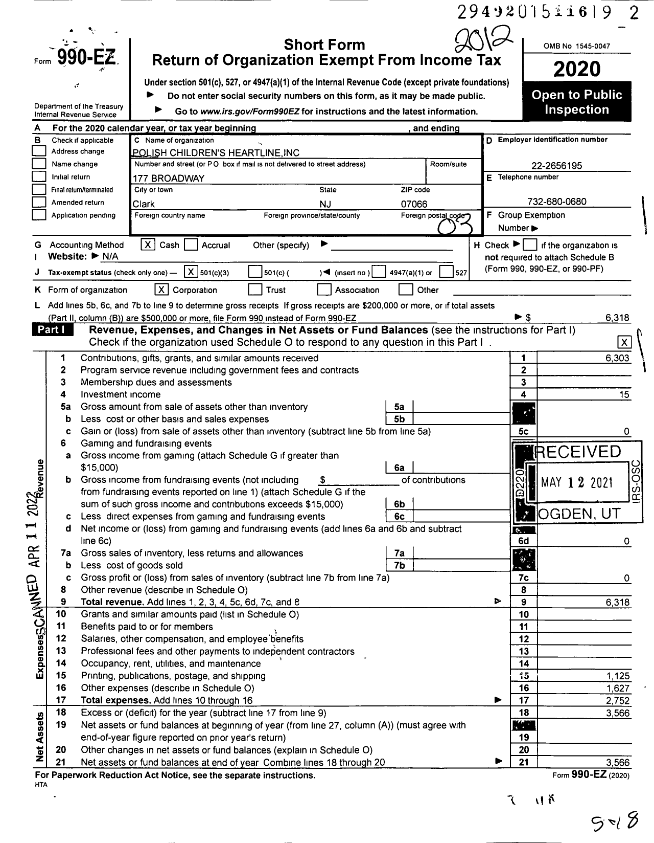 Image of first page of 2020 Form 990EZ for Polish Children's Heartline