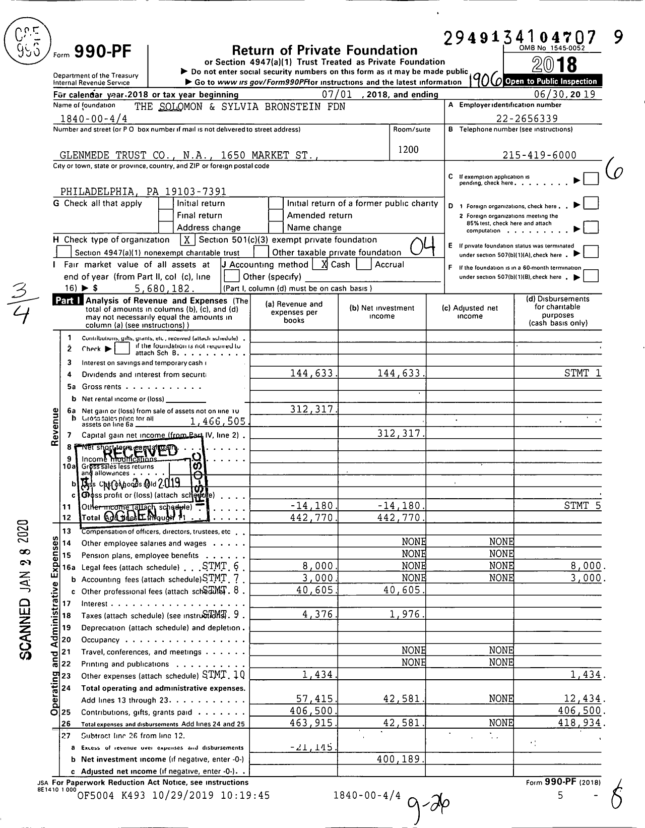 Image of first page of 2018 Form 990PF for The Solomon and Sylvia Bronstein Foundation