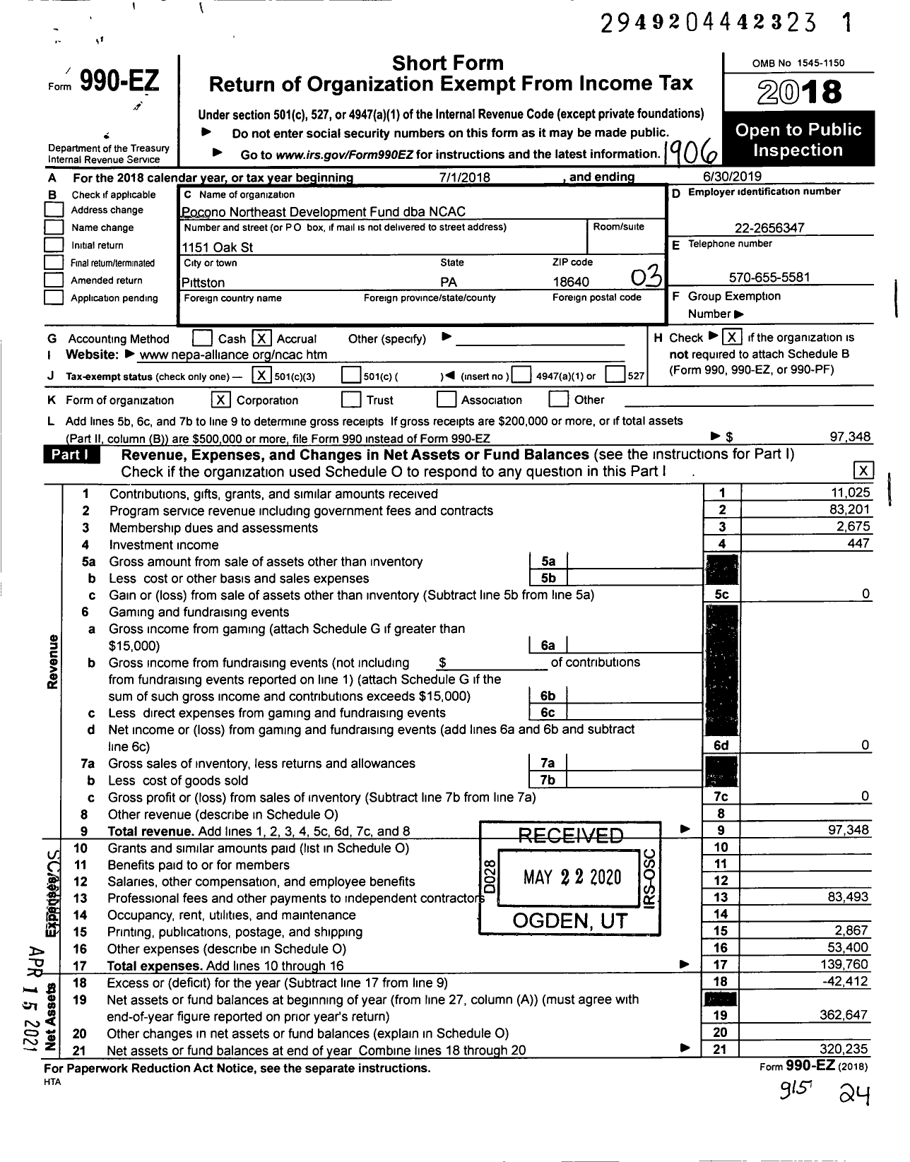 Image of first page of 2018 Form 990EZ for Ncac