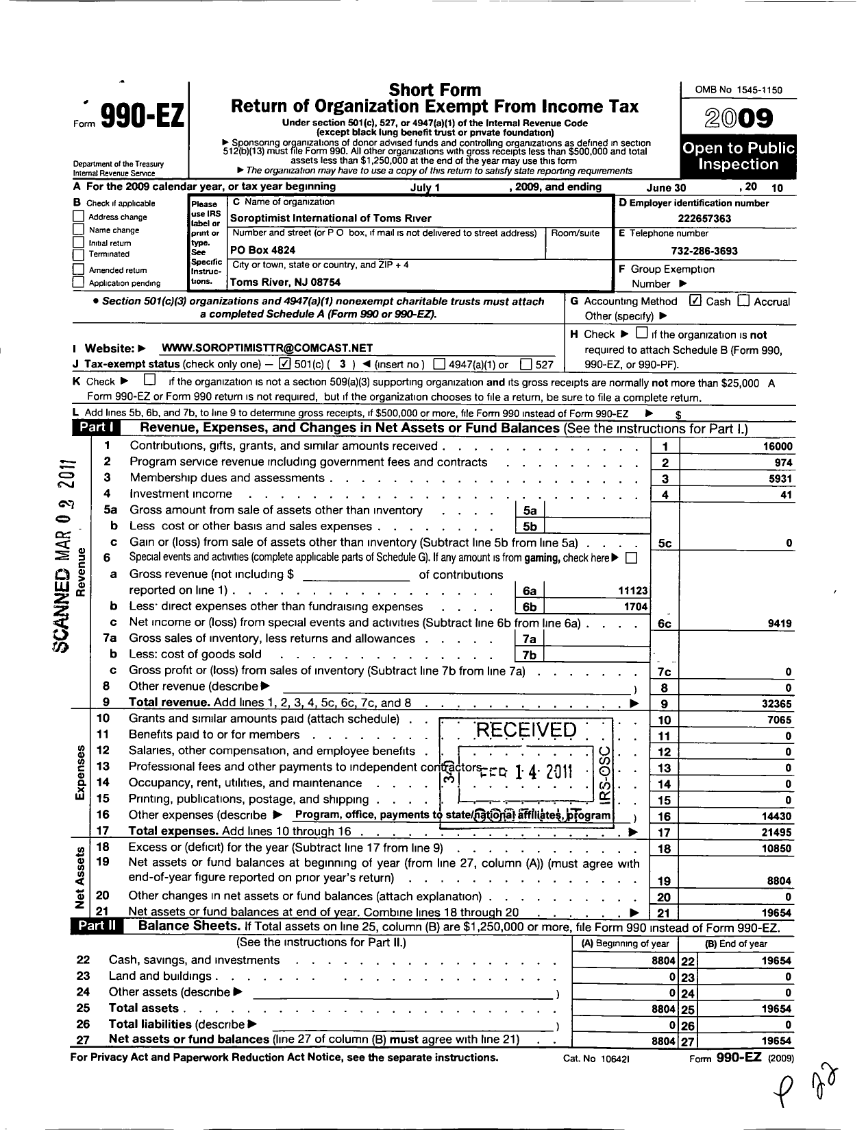 Image of first page of 2009 Form 990EZ for Soroptimist International of the Americas - 102227 Toms River Area NJ