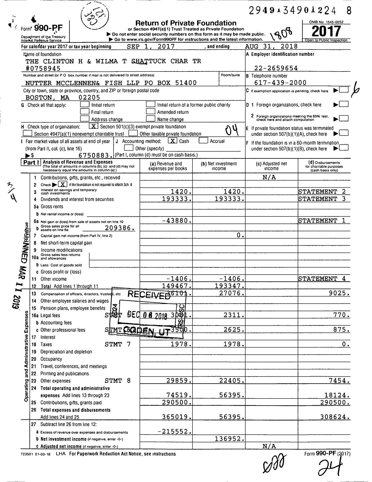 Image of first page of 2017 Form 990PF for The Clinton H and Wilma T Shattuck Charitable Trust #0758945