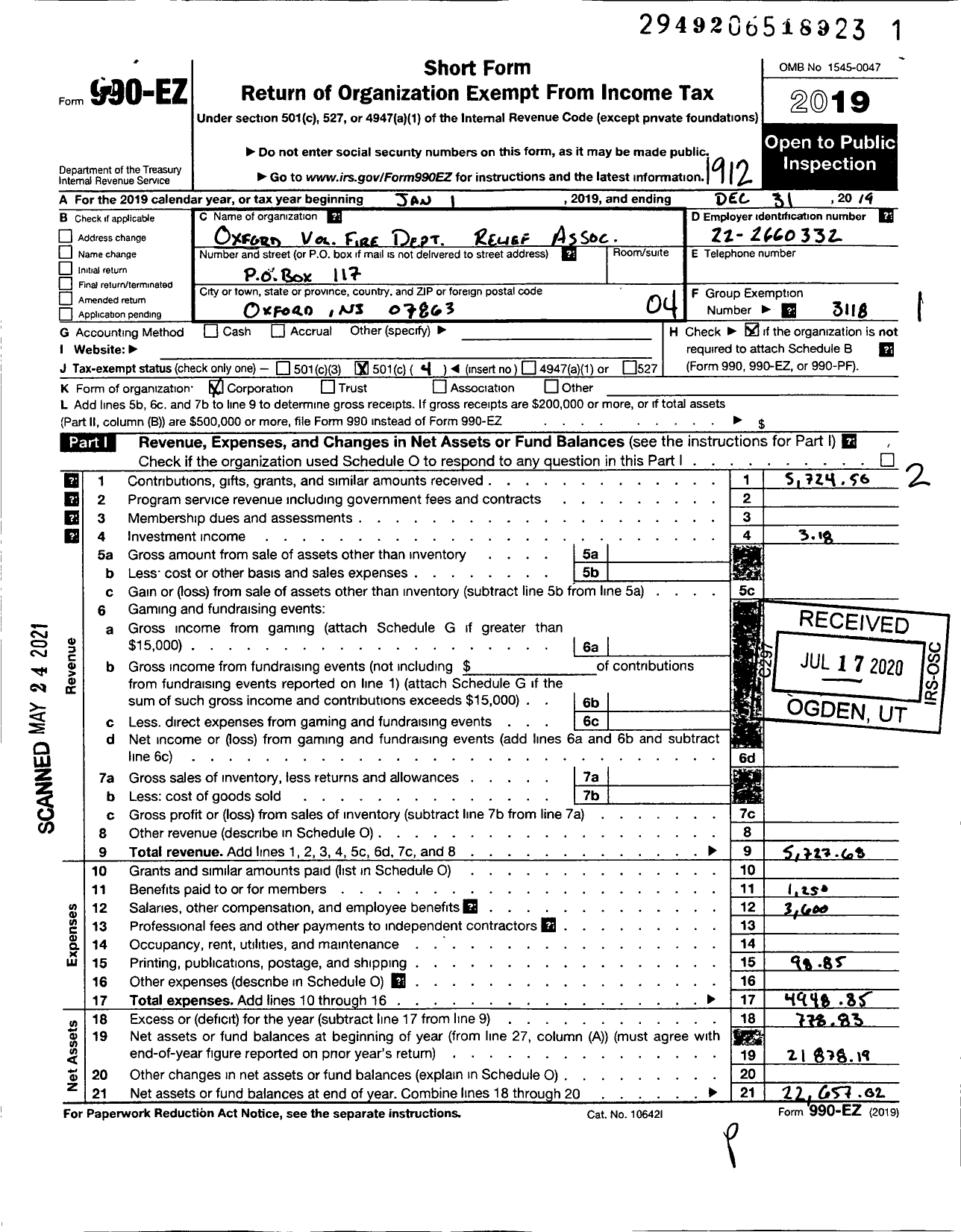 Image of first page of 2019 Form 990EO for Oxford Volunteer Fire Dept Relief Association