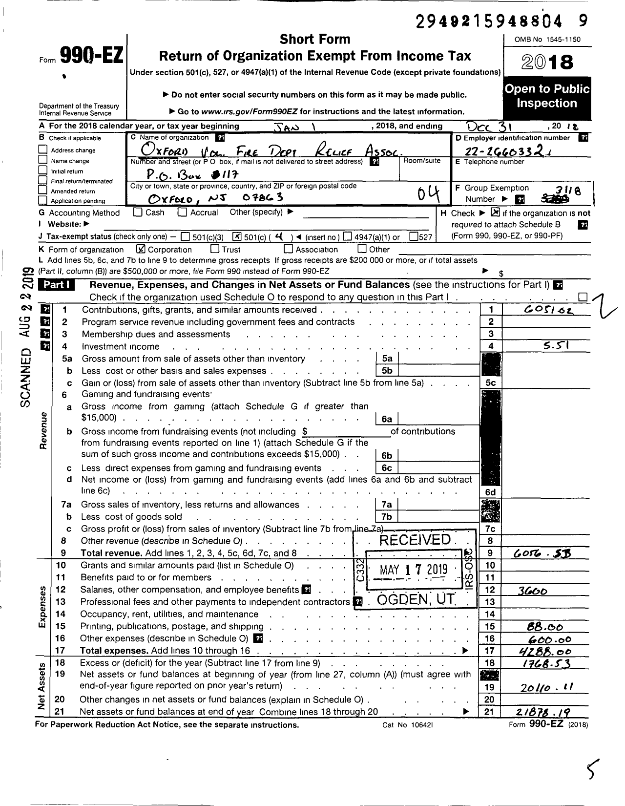 Image of first page of 2018 Form 990EO for Oxford Volunteer Fire Dept Relief Association