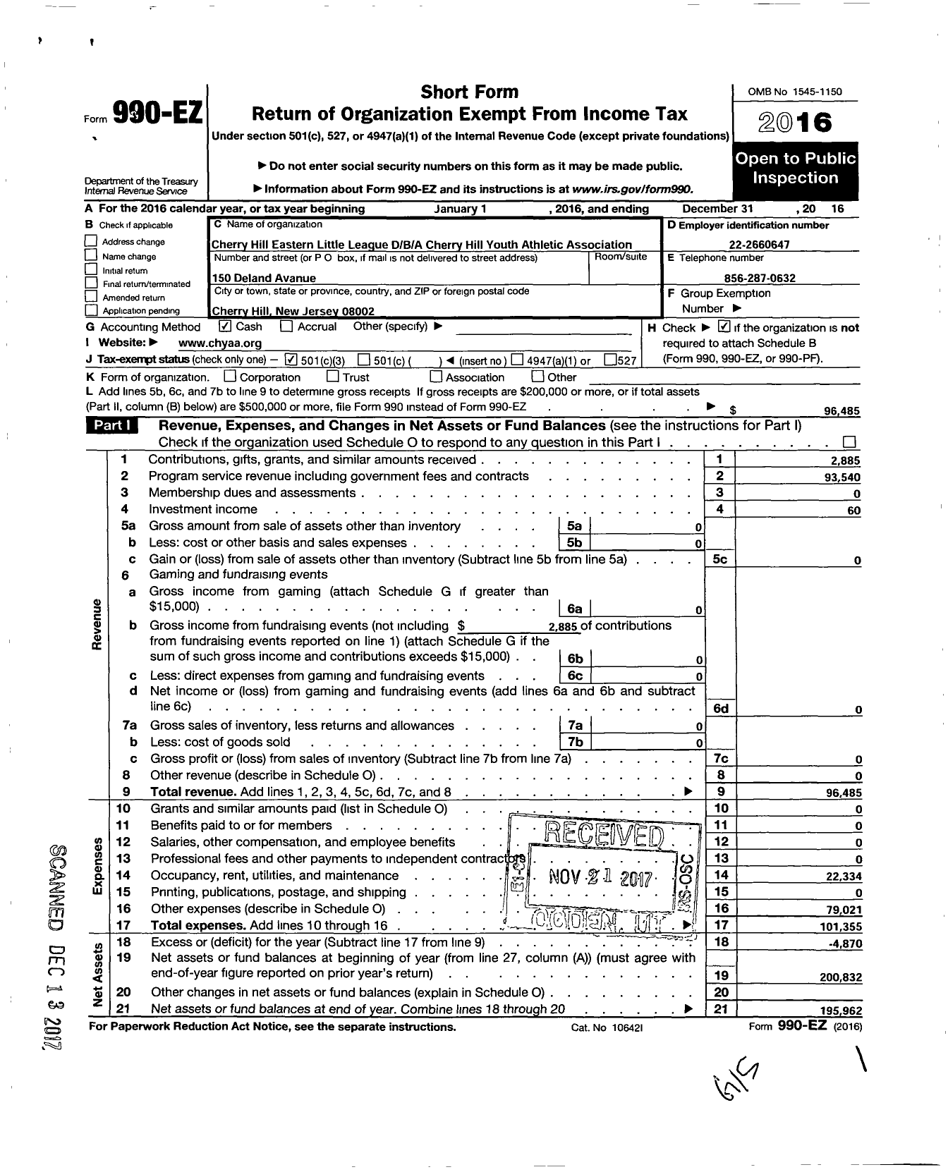 Image of first page of 2016 Form 990EZ for Cherry Hill Eastern Little League