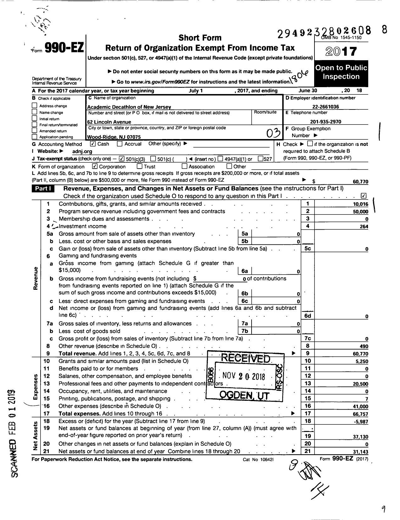 Image of first page of 2017 Form 990EZ for Academic Decathlon Association of New Jersey