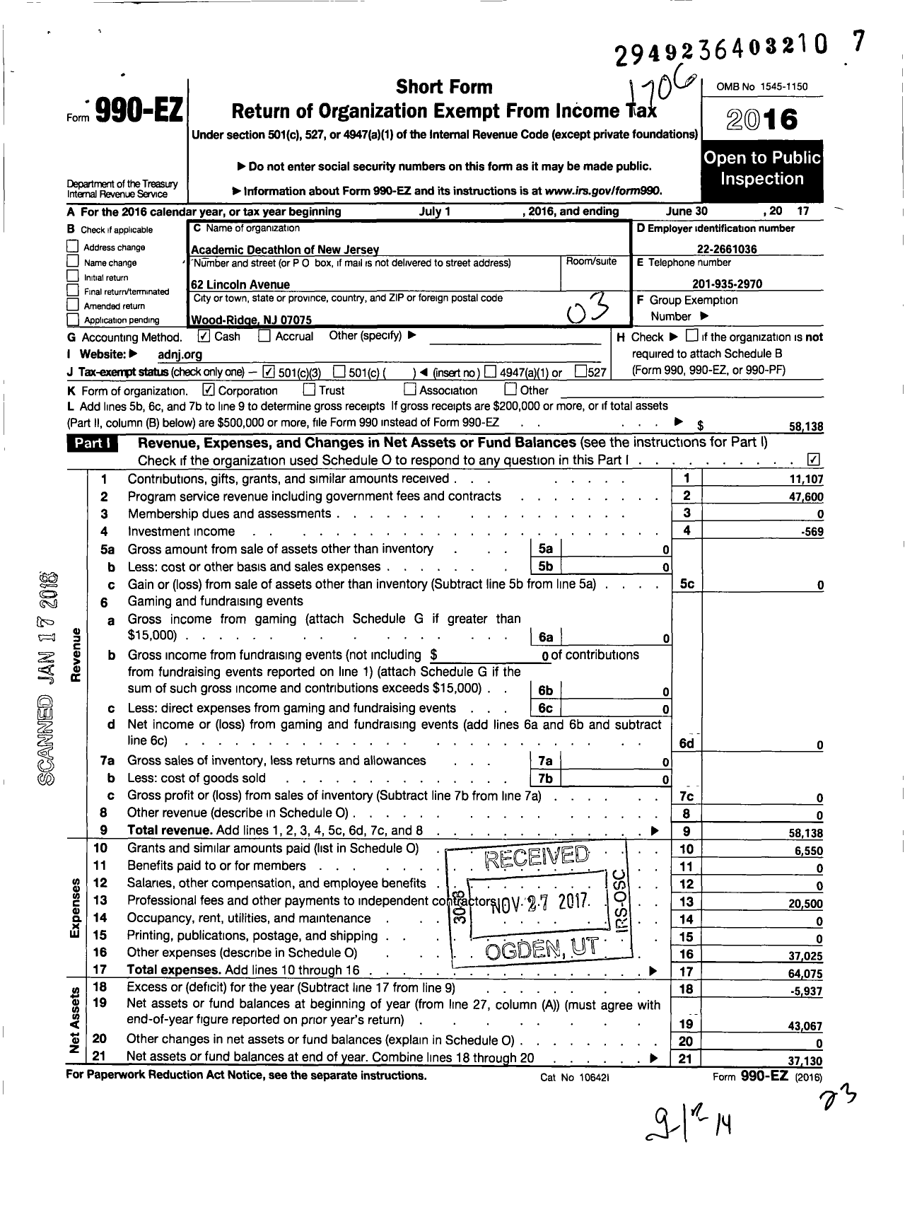 Image of first page of 2016 Form 990EZ for Academic Decathlon Association of New Jersey