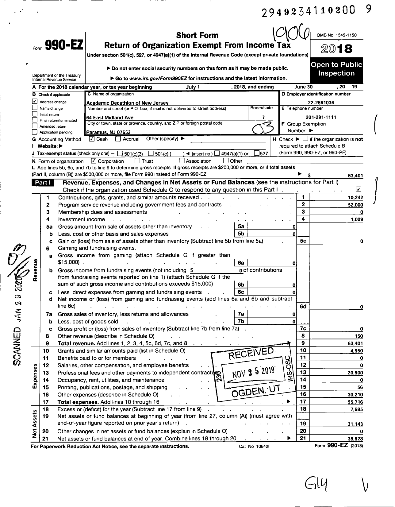 Image of first page of 2018 Form 990EZ for Academic Decathlon Association of New Jersey