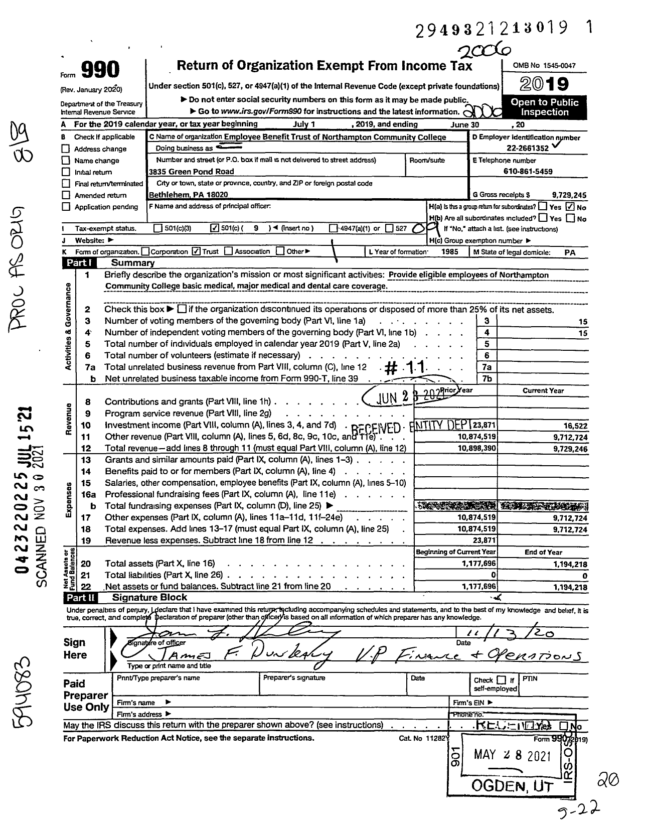 Image of first page of 2019 Form 990O for Employee Benefit TRUST of Northampton COMMUNITY AREA COMMUNITY College