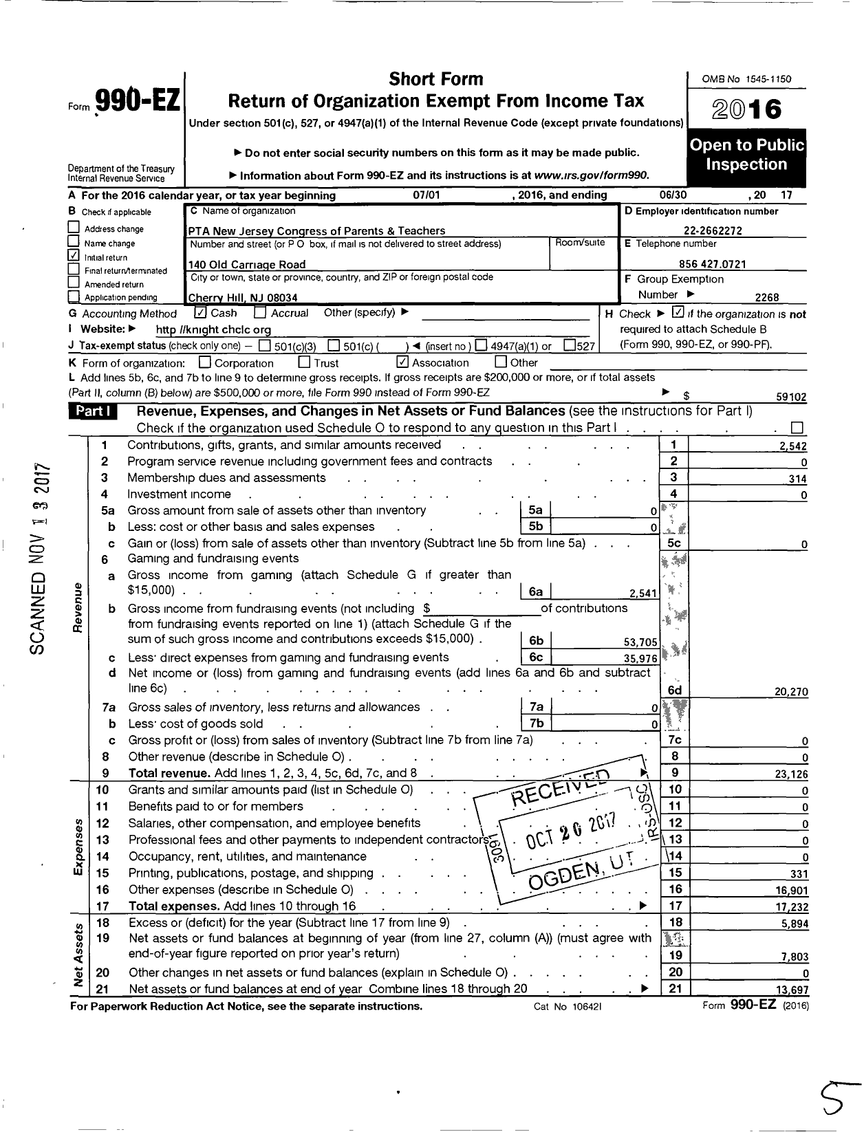 Image of first page of 2016 Form 990EO for New Jersey PTA - 18991 A Russell Knight Es PTA