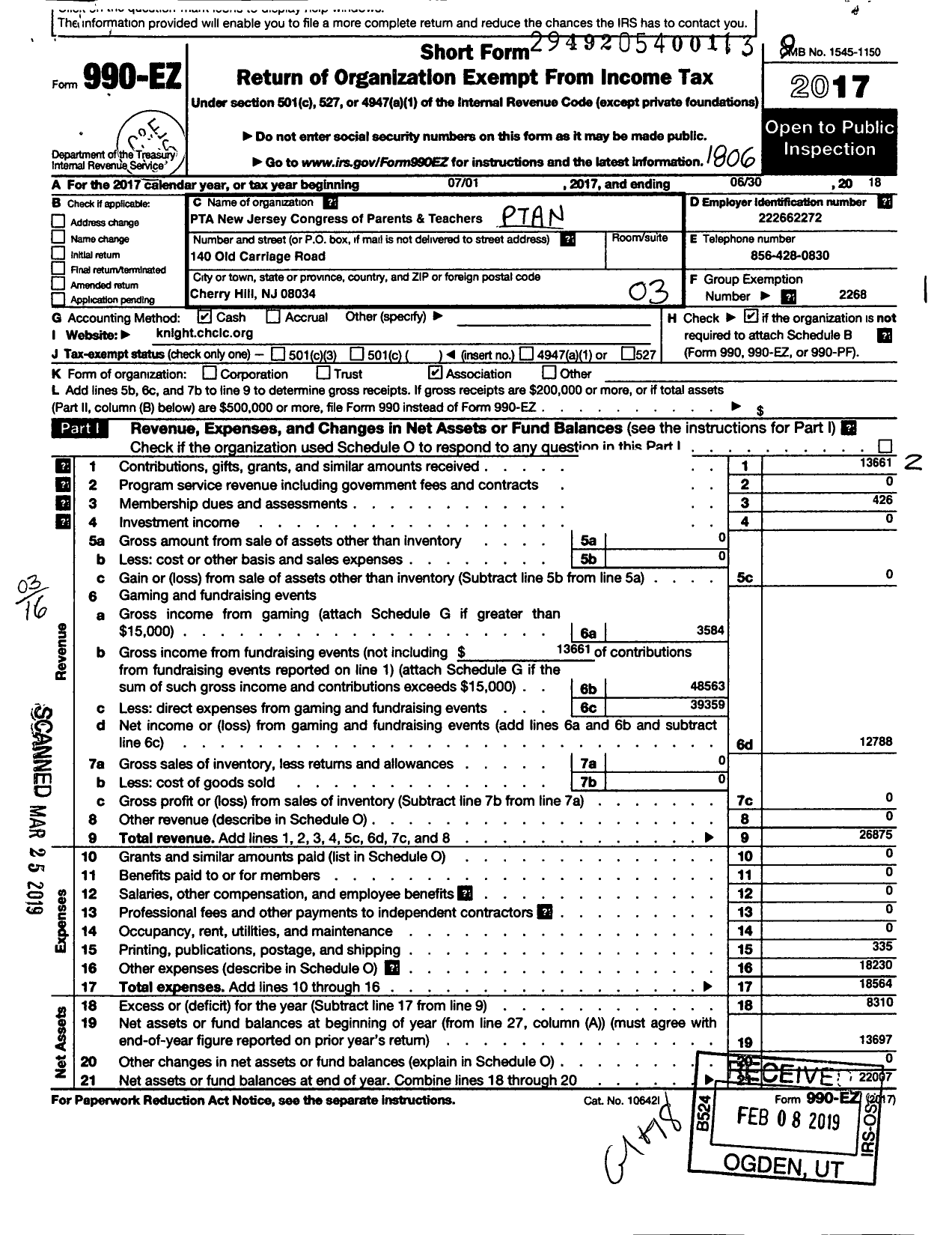 Image of first page of 2017 Form 990EZ for New Jersey PTA - 18991 A Russell Knight Es PTA