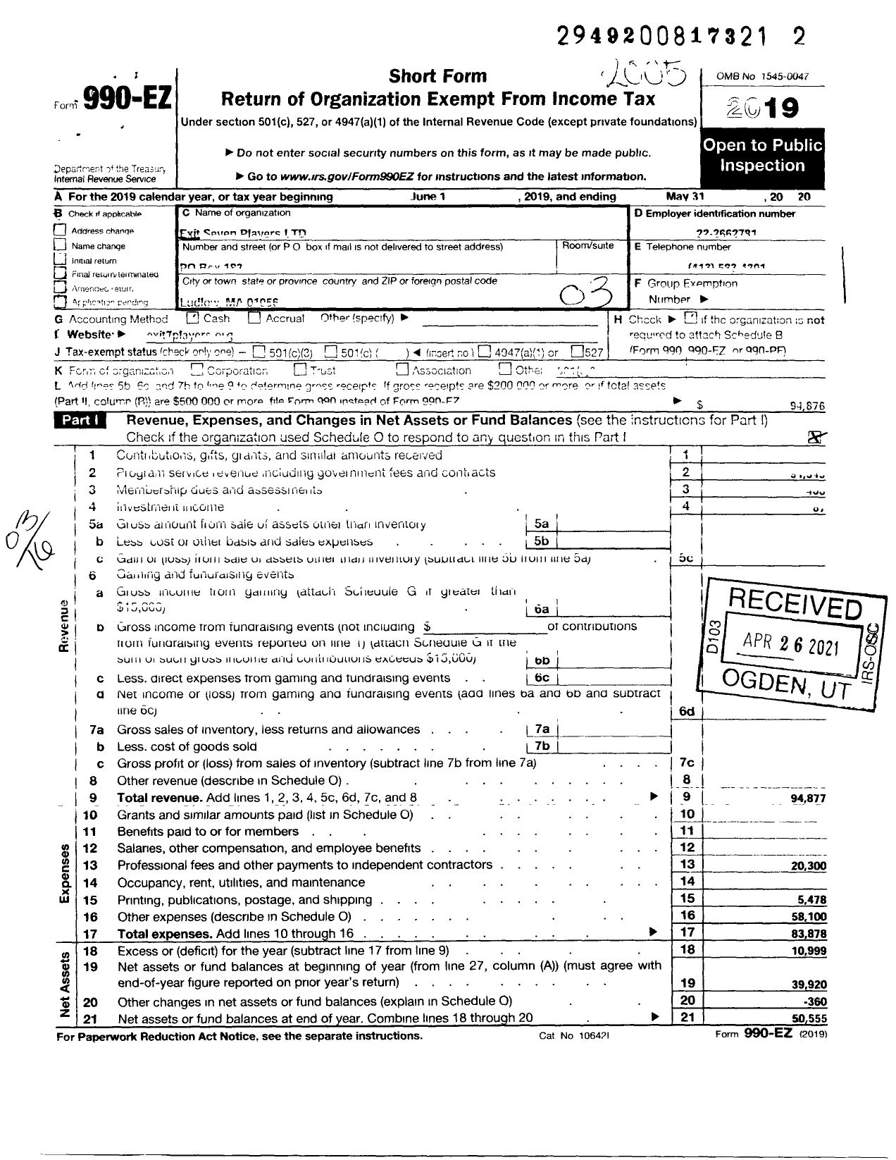 Image of first page of 2019 Form 990EZ for Exit Seven Players