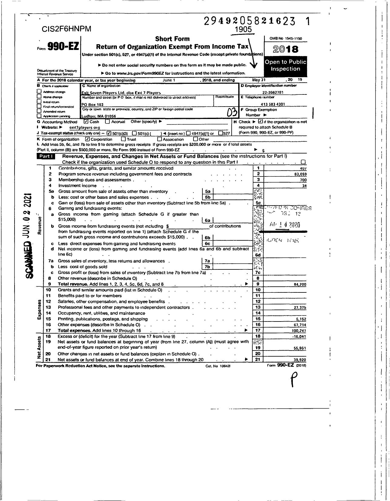 Image of first page of 2018 Form 990EZ for Exit Seven Players