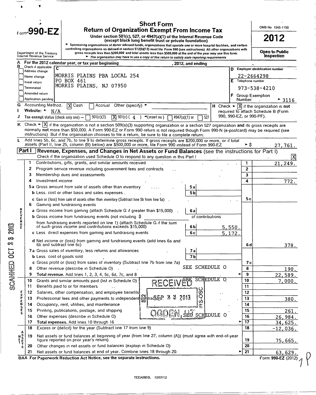 Image of first page of 2012 Form 990EO for NJ State Patrolmen's Benevolent Association - 254 Morris Plains Pba