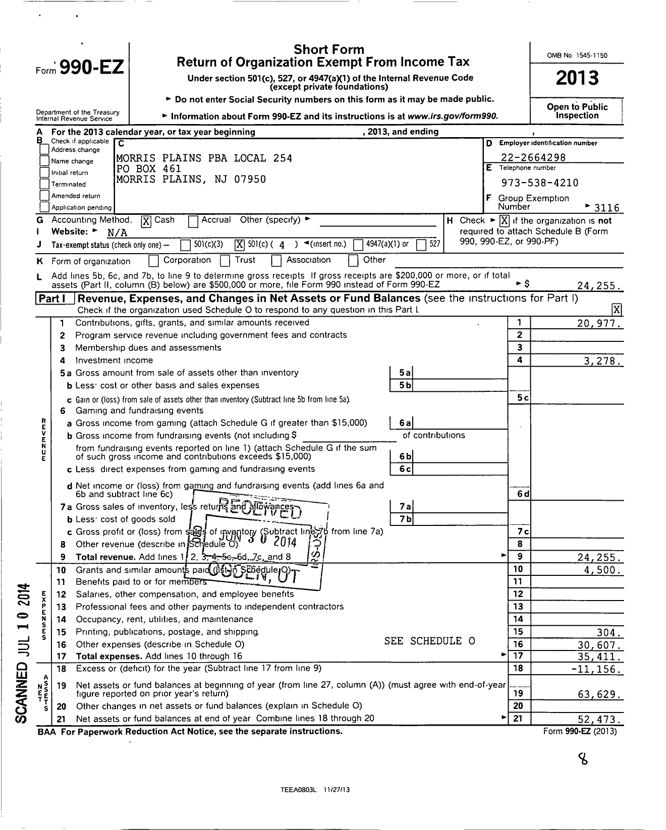 Image of first page of 2013 Form 990EO for NJ State Patrolmen's Benevolent Association - 254 Morris Plains Pba