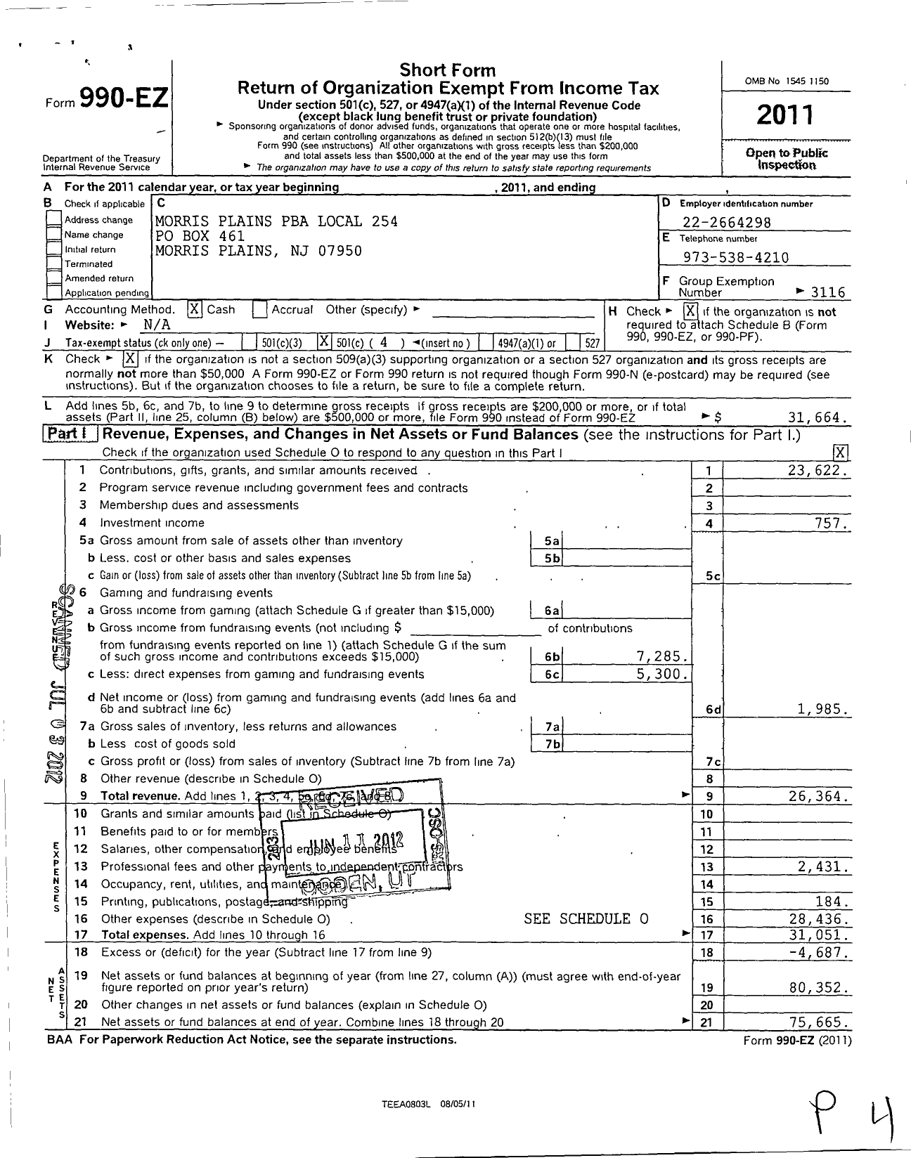 Image of first page of 2011 Form 990EO for NJ State Patrolmen's Benevolent Association - 254 Morris Plains Pba