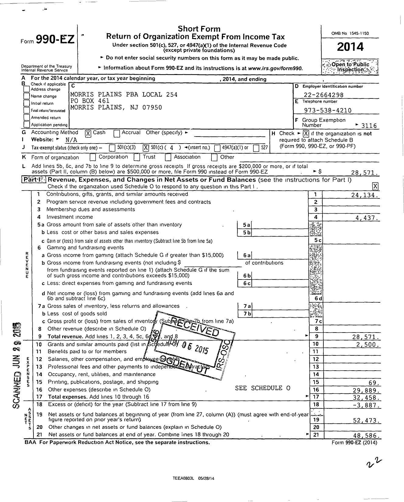 Image of first page of 2014 Form 990EO for NJ State Patrolmen's Benevolent Association - 254 Morris Plains Pba