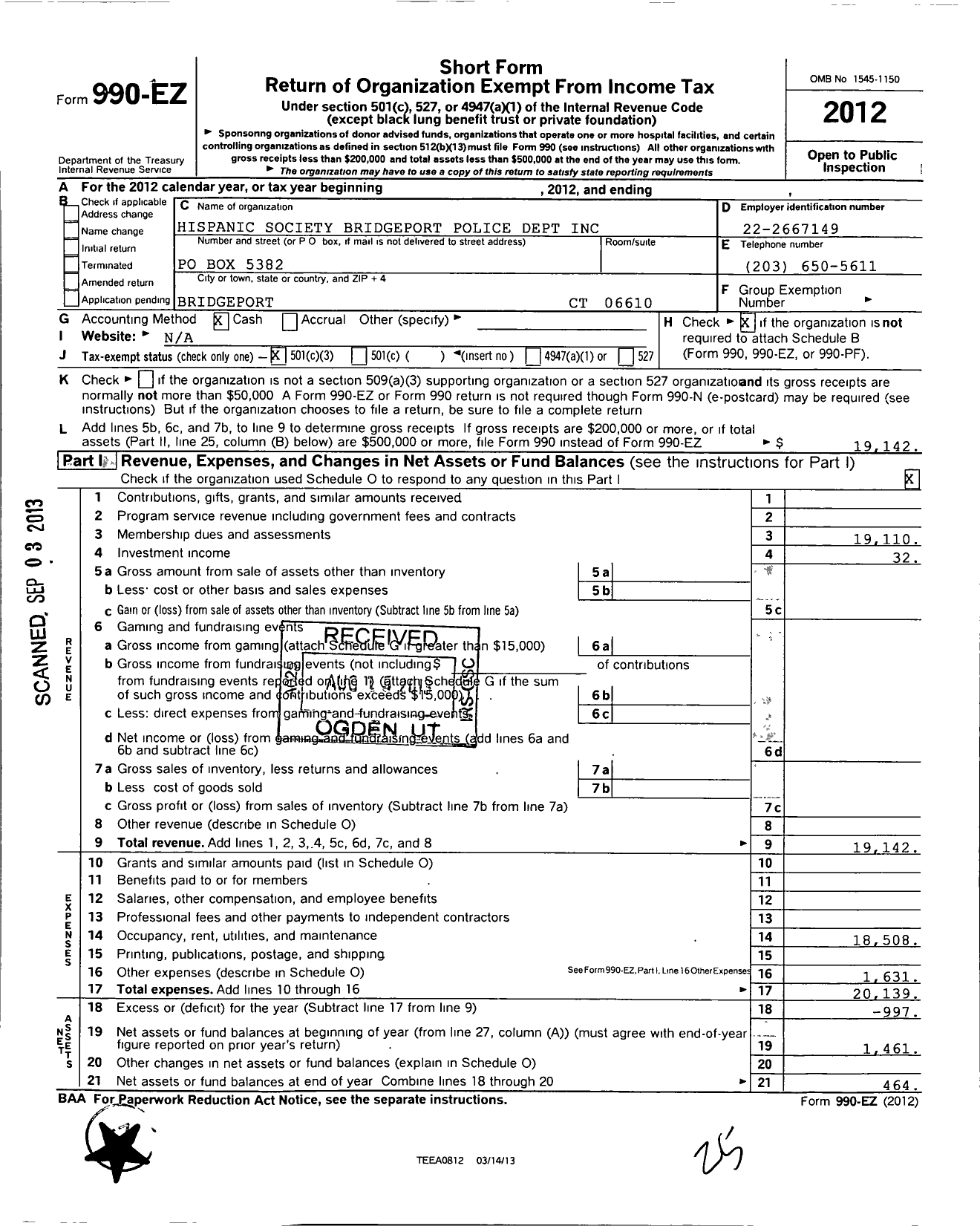 Image of first page of 2012 Form 990EZ for Hispanic Society Bridgeport Police Department