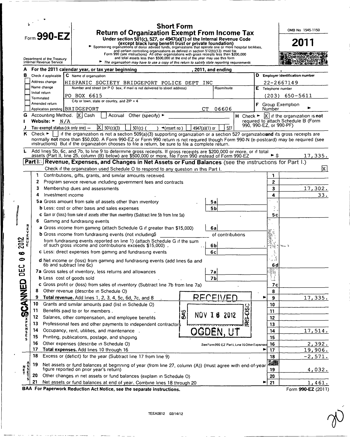 Image of first page of 2011 Form 990EZ for Hispanic Society Bridgeport Police Department