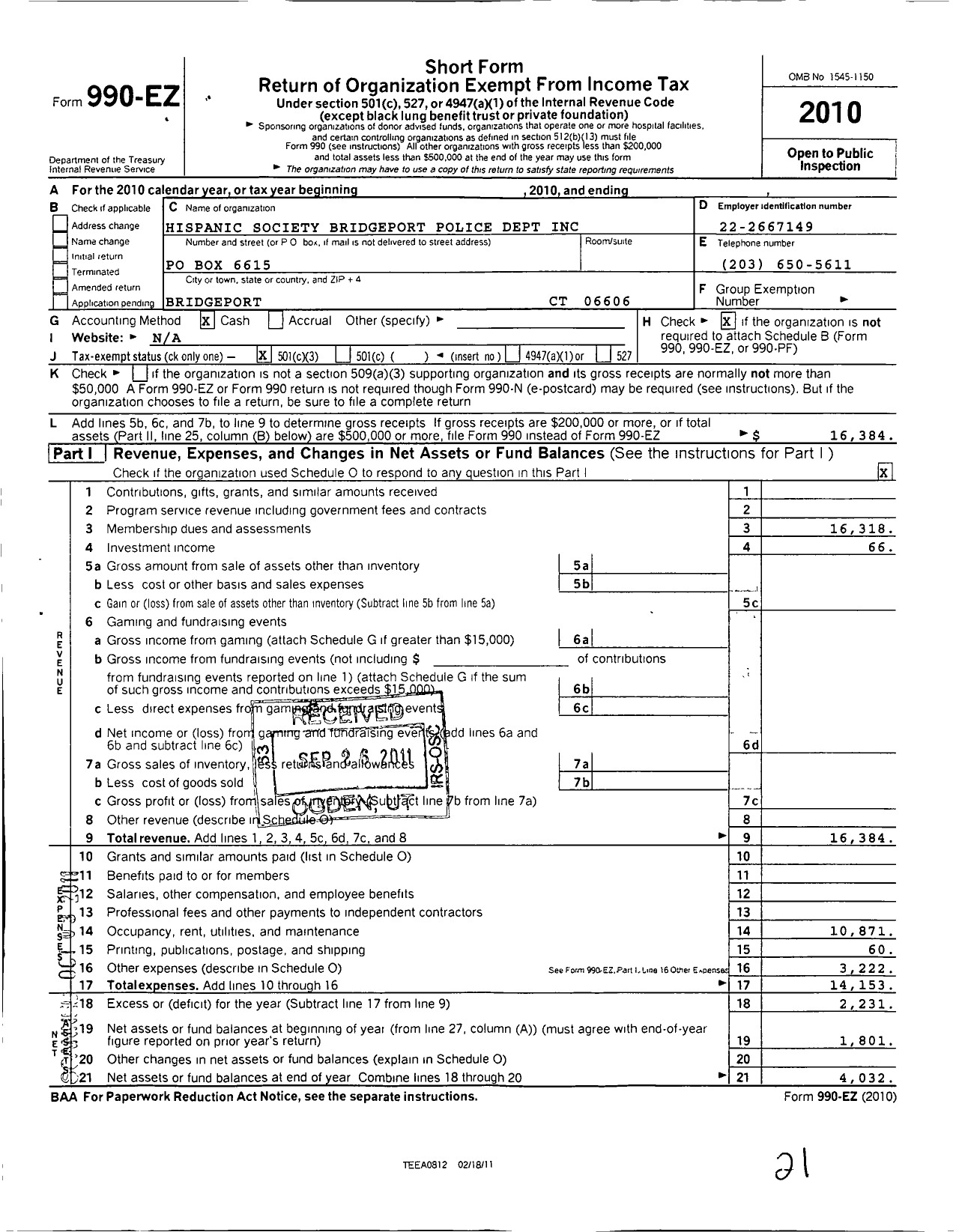 Image of first page of 2010 Form 990EZ for Hispanic Society Bridgeport Police Department