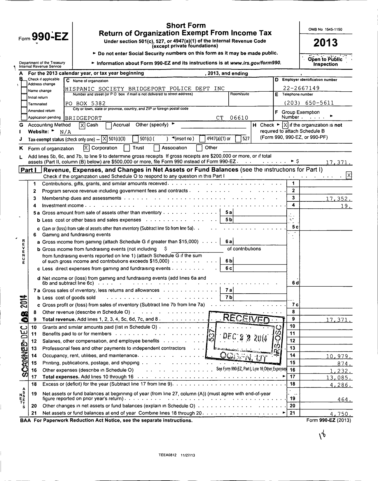 Image of first page of 2013 Form 990EZ for Hispanic Society Bridgeport Police Department