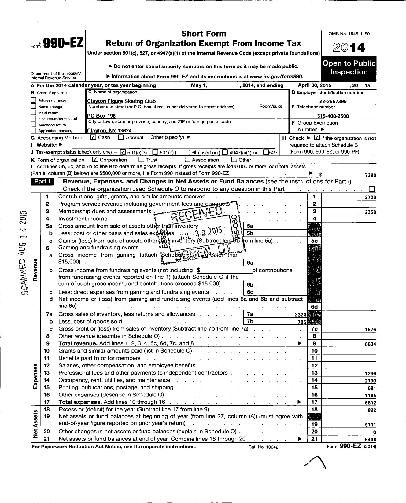 Image of first page of 2014 Form 990EZ for Clayton Figure Skating Club