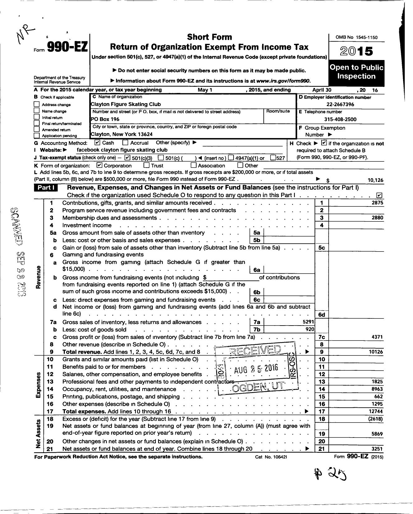 Image of first page of 2015 Form 990EZ for Clayton Figure Skating Club