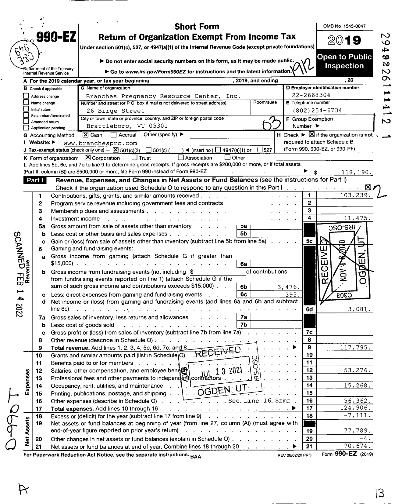 Image of first page of 2019 Form 990EZ for Branches Pregnancy Resource Center