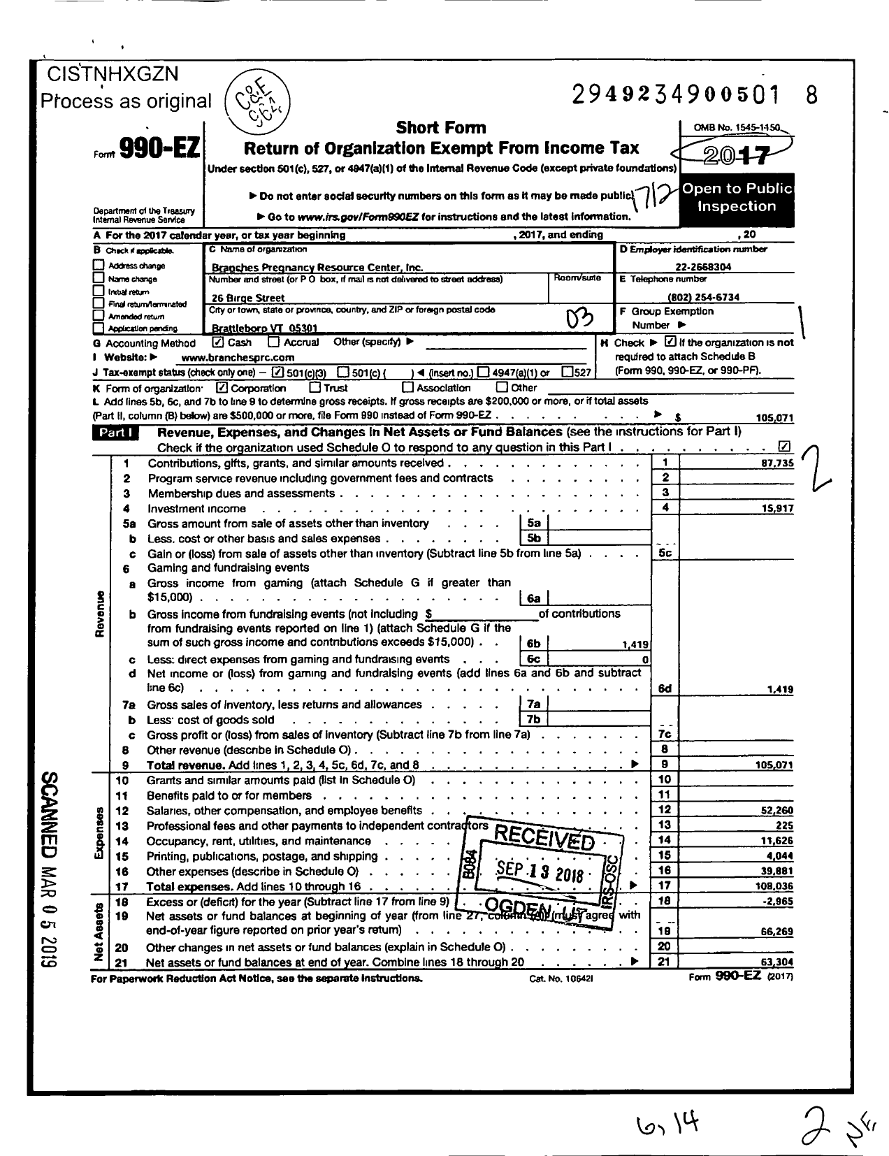 Image of first page of 2017 Form 990EZ for Branches Pregnancy Resource Center