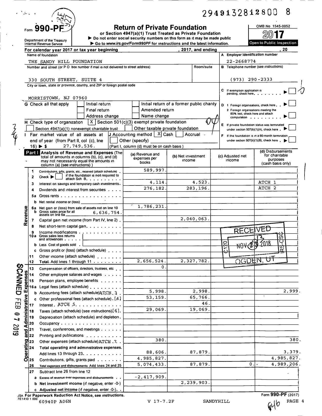 Image of first page of 2017 Form 990PF for The Sandy Hill Foundation