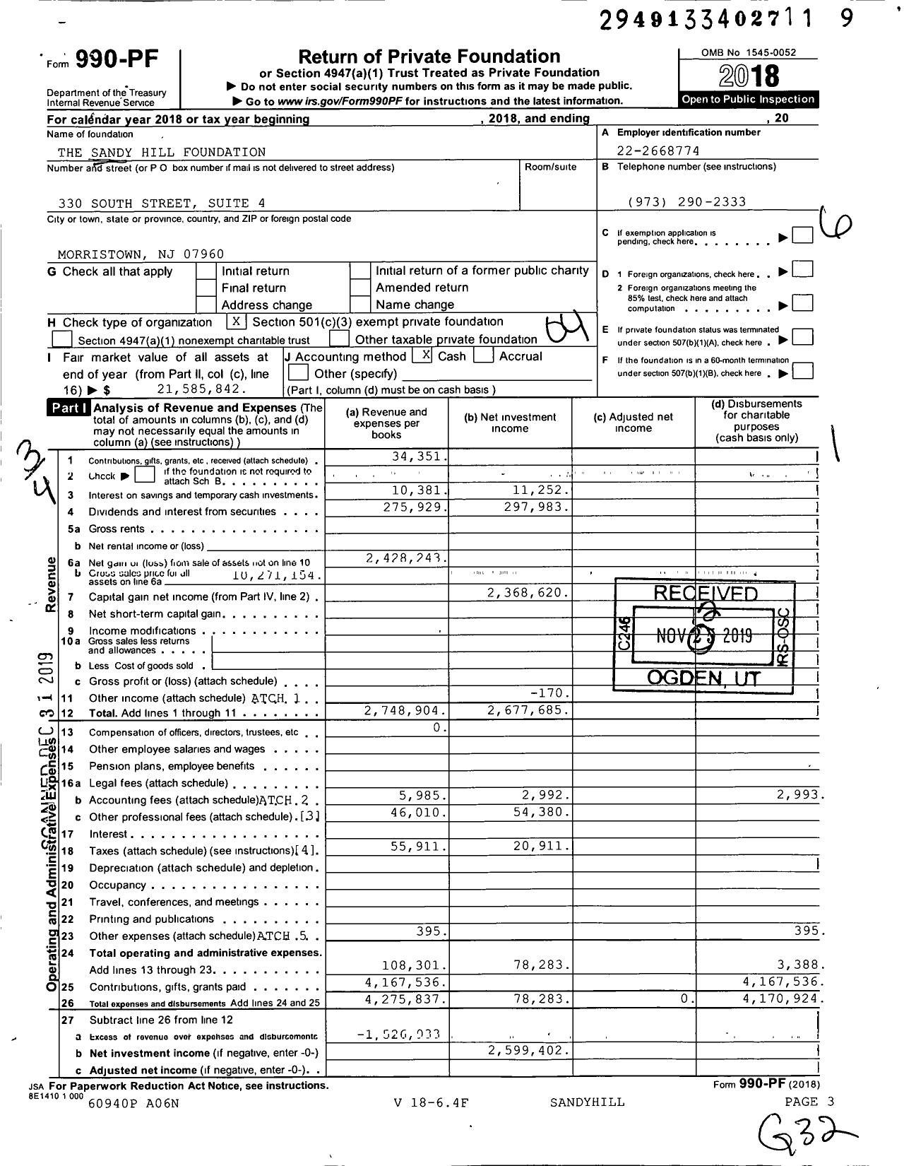 Image of first page of 2018 Form 990PF for The Sandy Hill Foundation