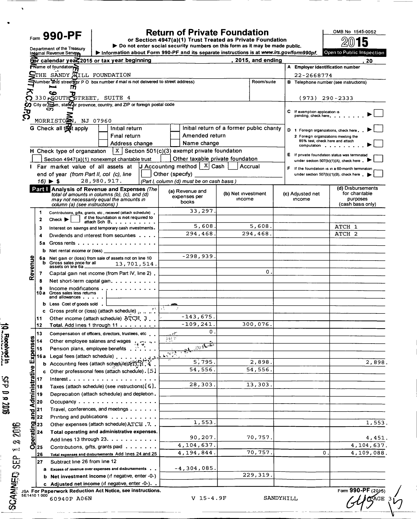 Image of first page of 2015 Form 990PF for The Sandy Hill Foundation