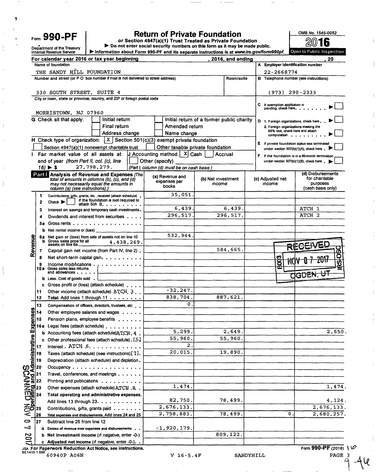 Image of first page of 2016 Form 990PF for The Sandy Hill Foundation