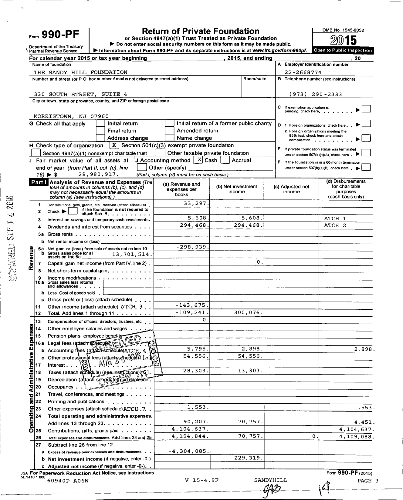 Image of first page of 2015 Form 990PF for The Sandy Hill Foundation