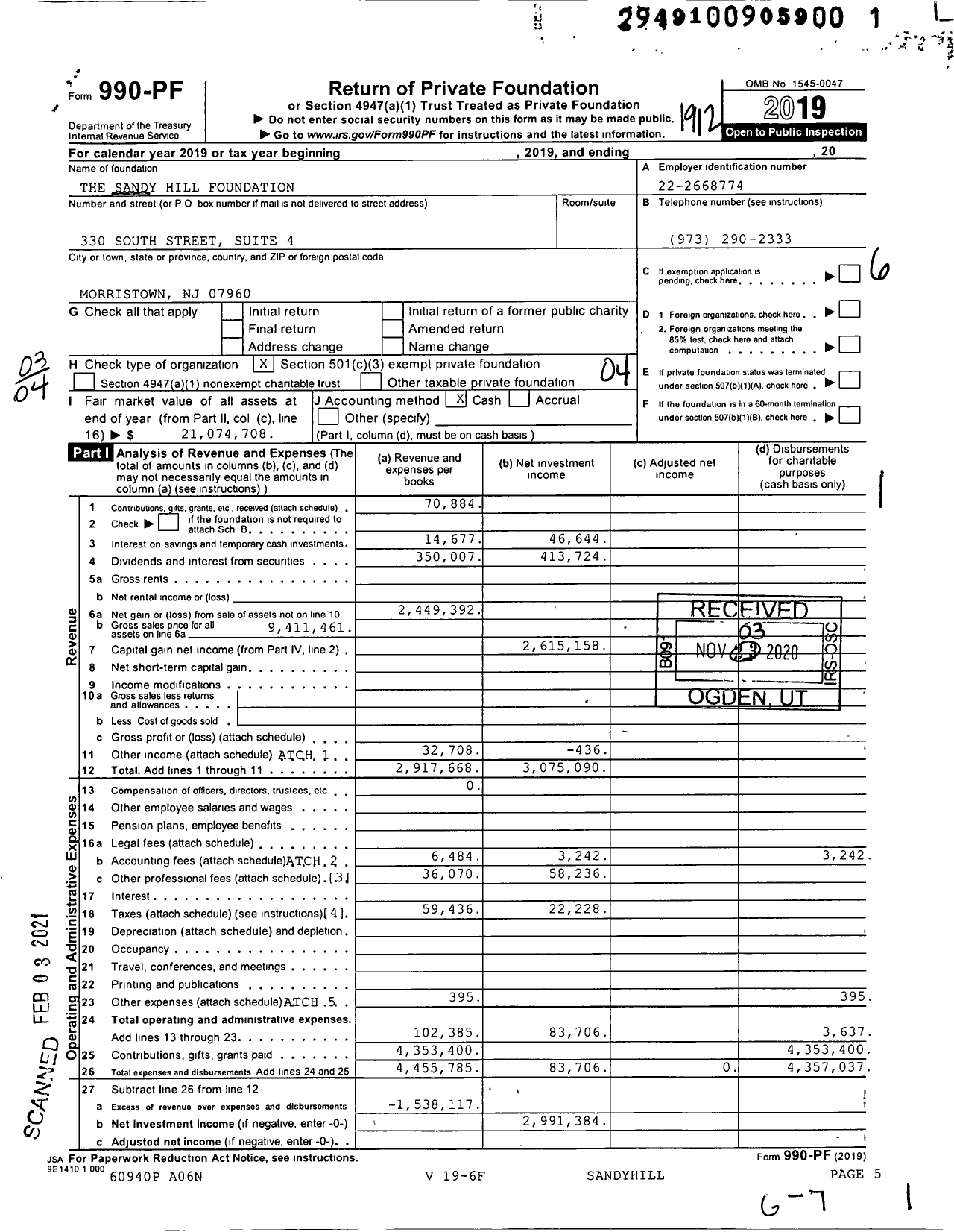 Image of first page of 2019 Form 990PF for The Sandy Hill Foundation