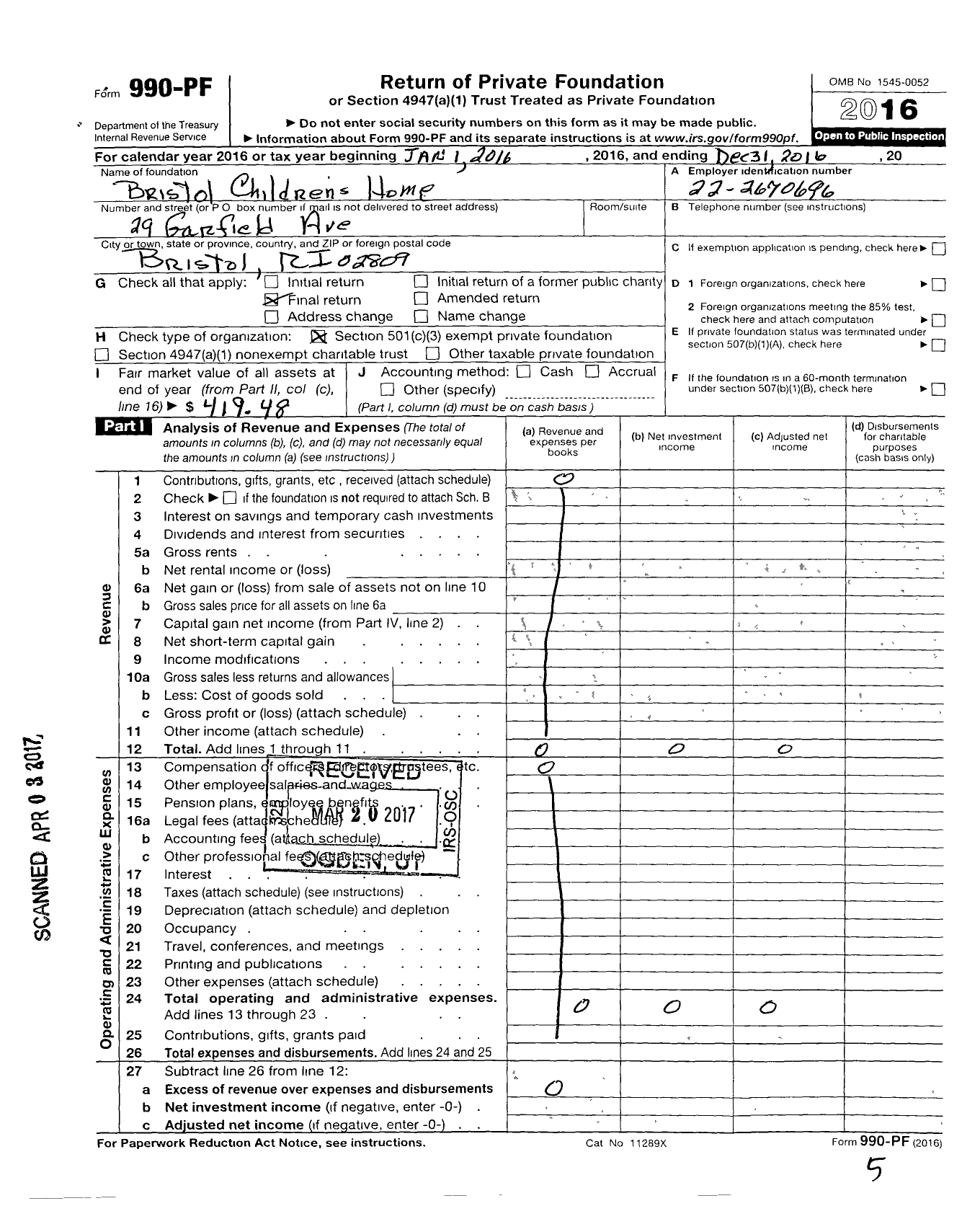 Image of first page of 2016 Form 990PF for Bristol Childrens Home