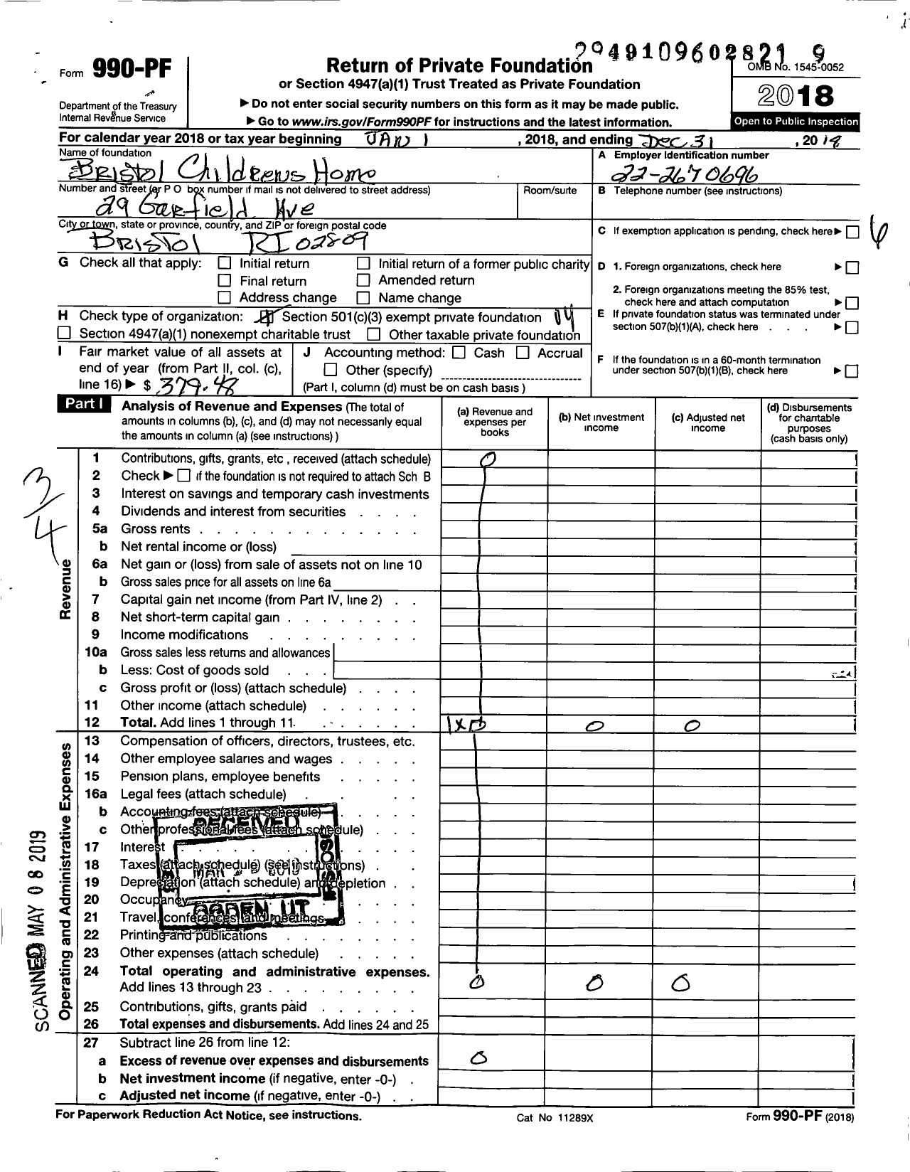 Image of first page of 2018 Form 990PF for Bristol Childrens Home