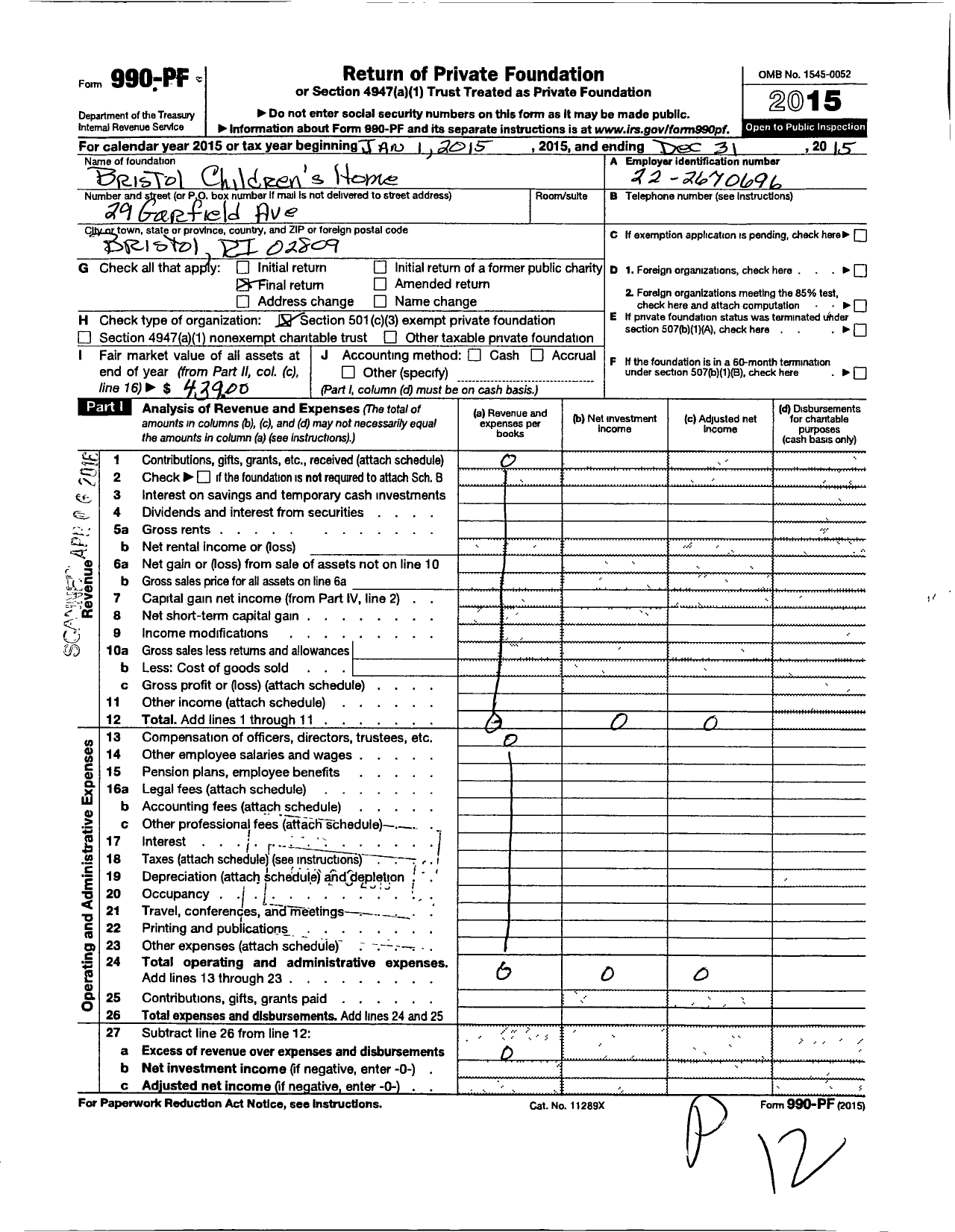 Image of first page of 2015 Form 990PF for Bristol Childrens Home