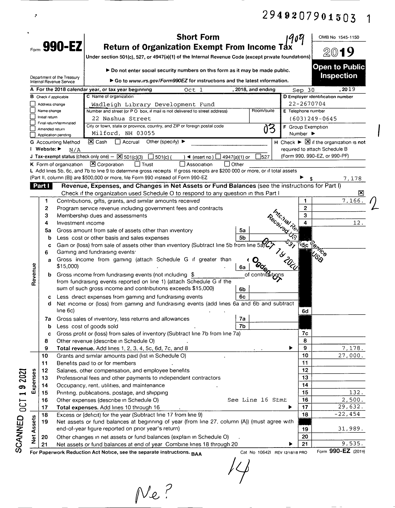 Image of first page of 2018 Form 990EZ for Wadleigh Library Development Fund