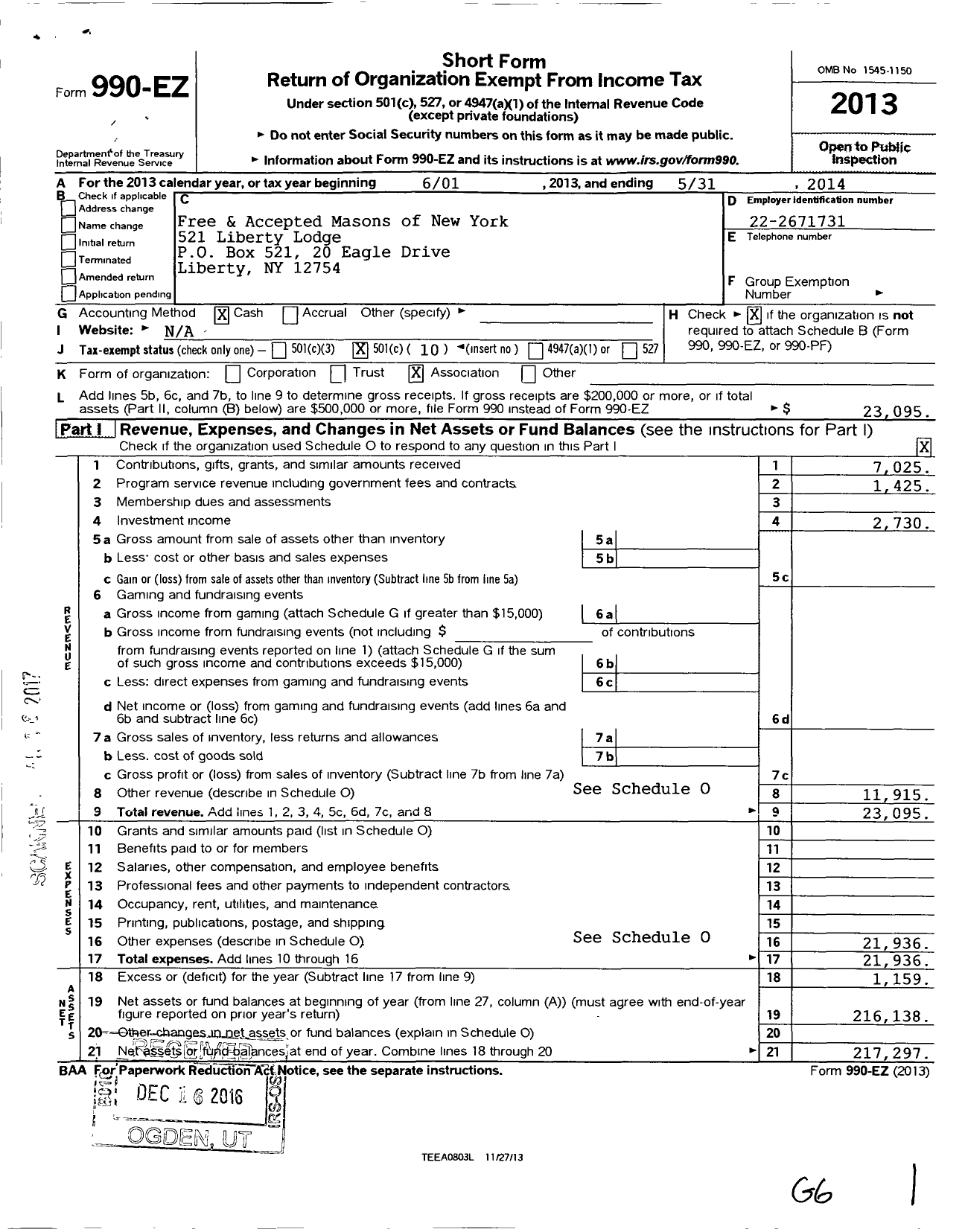 Image of first page of 2013 Form 990EO for Liberty Lodge No 521