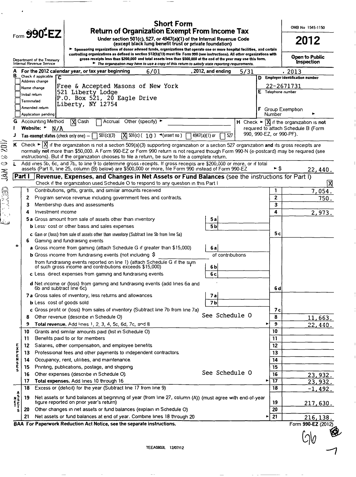 Image of first page of 2012 Form 990EO for Liberty Lodge No 521